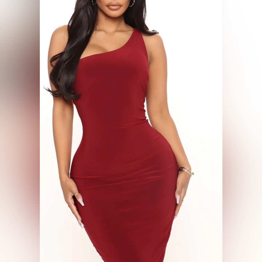 Burgundy One Shoulder Bodycon Midi Dress